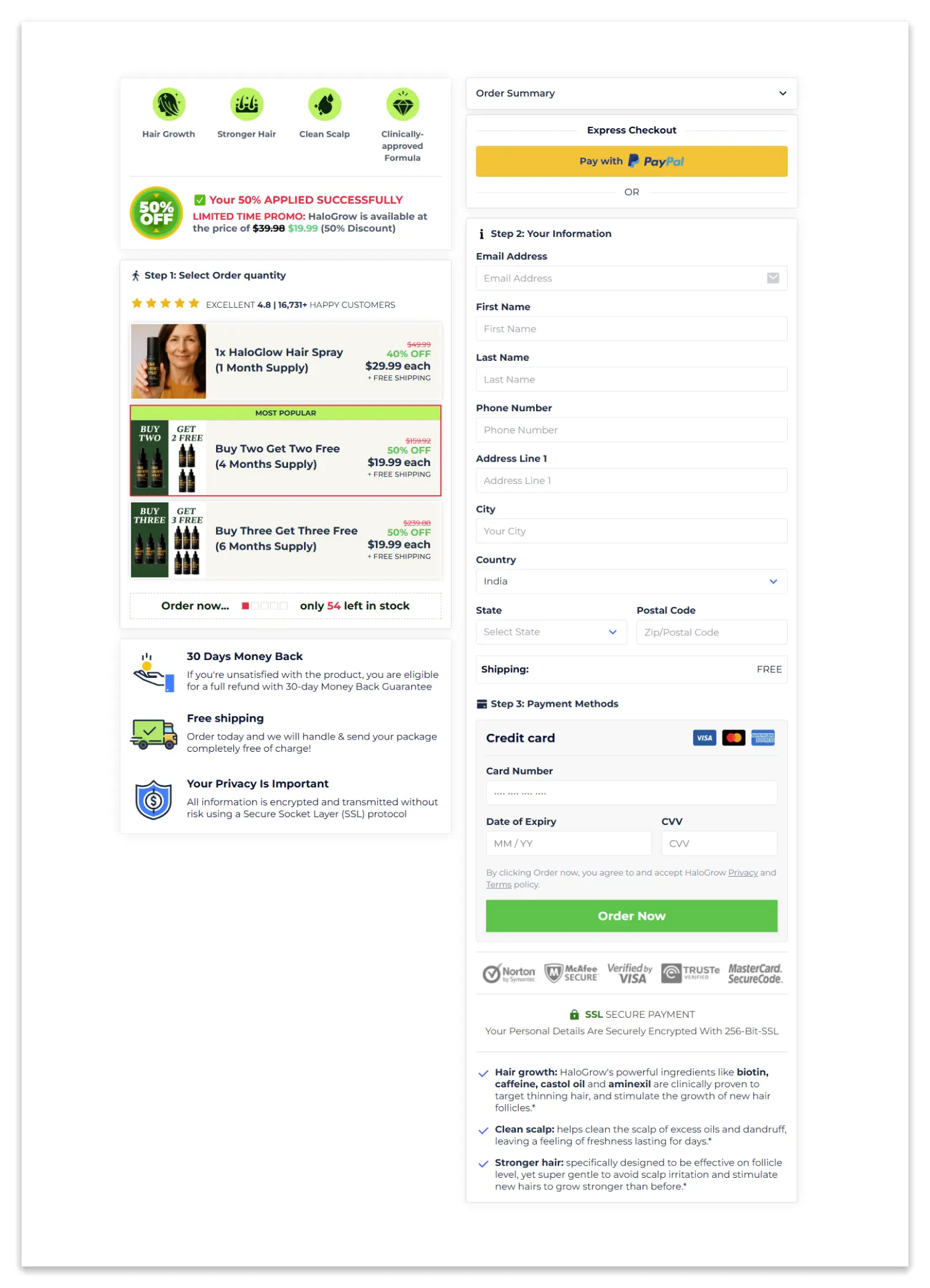 halo grow hair spray checkout page.