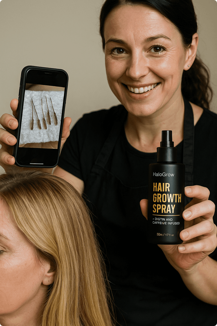 person holding halo grow hair growth spray
